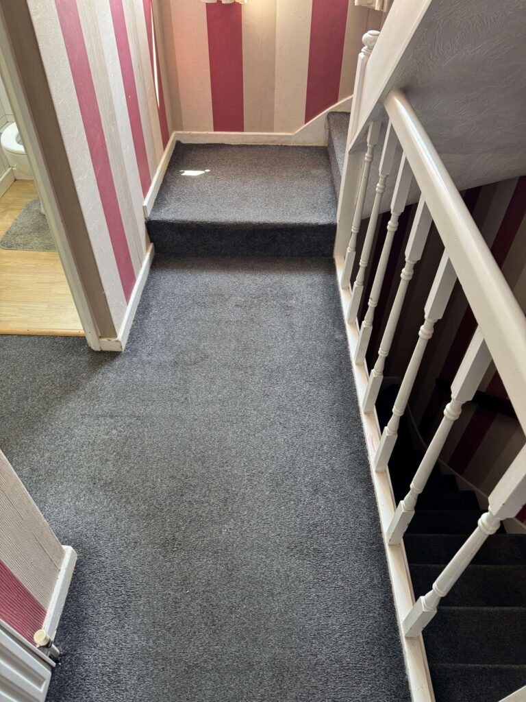 Stair landing carpet after professional carpet cleaning, with refreshed fibres and a clean, well-presented finish.